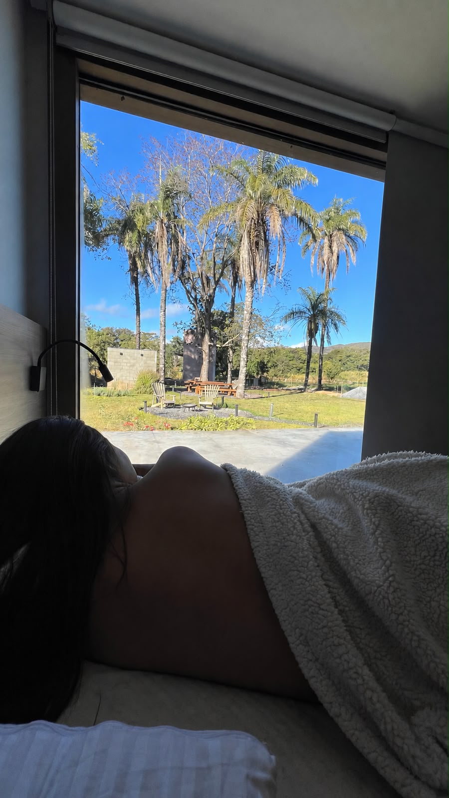 Manhã na cama com vista para as palmeiras